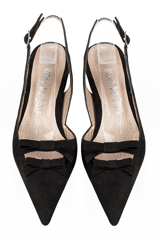 Matt black women's open back shoes, with a knot. Pointed toe. High slim heel. Top view - Florence KOOIJMAN